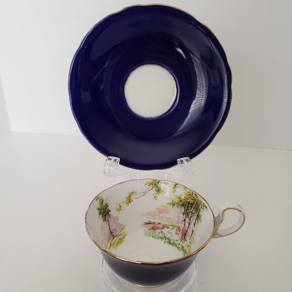 Vintage Aynsley English Bone China Cobalt Cup Saucer Woodland Scene Rare - Picture 2 of 10